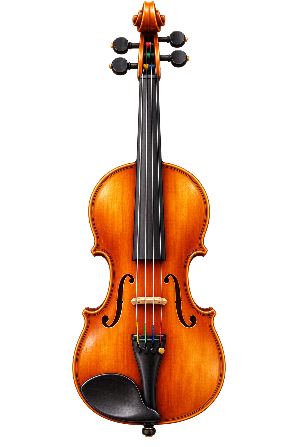 A honey-colored violin, facing you, with its four strings